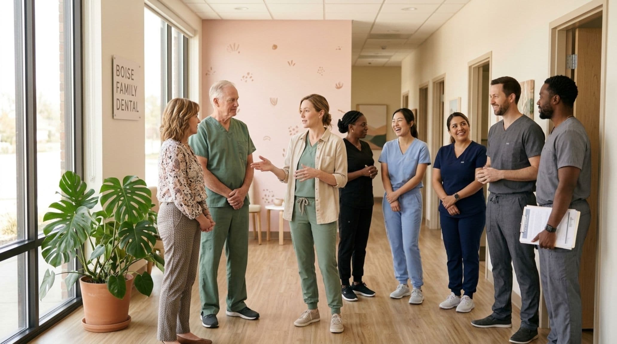 The Boise Family Dental team mid-conversation in the practice corridor — two dentists, four hygienists, two assistants, one admin
