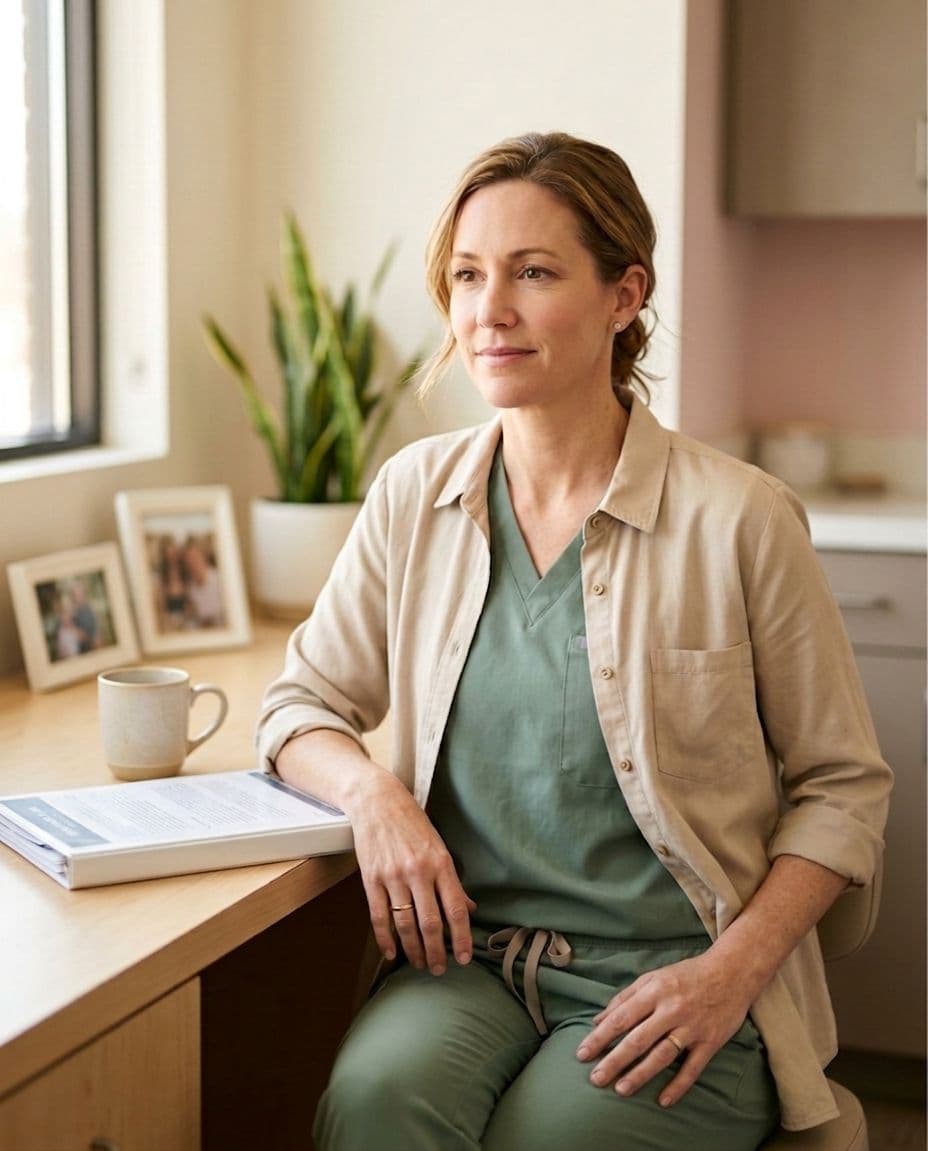 Dr. Mia Whitman at her desk in the operatory corner, mid-thought