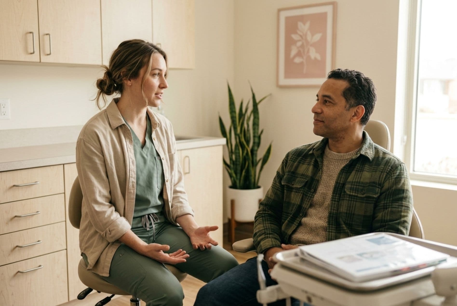 Dr. Mia Whitman in conversation with an adult patient at chair-side