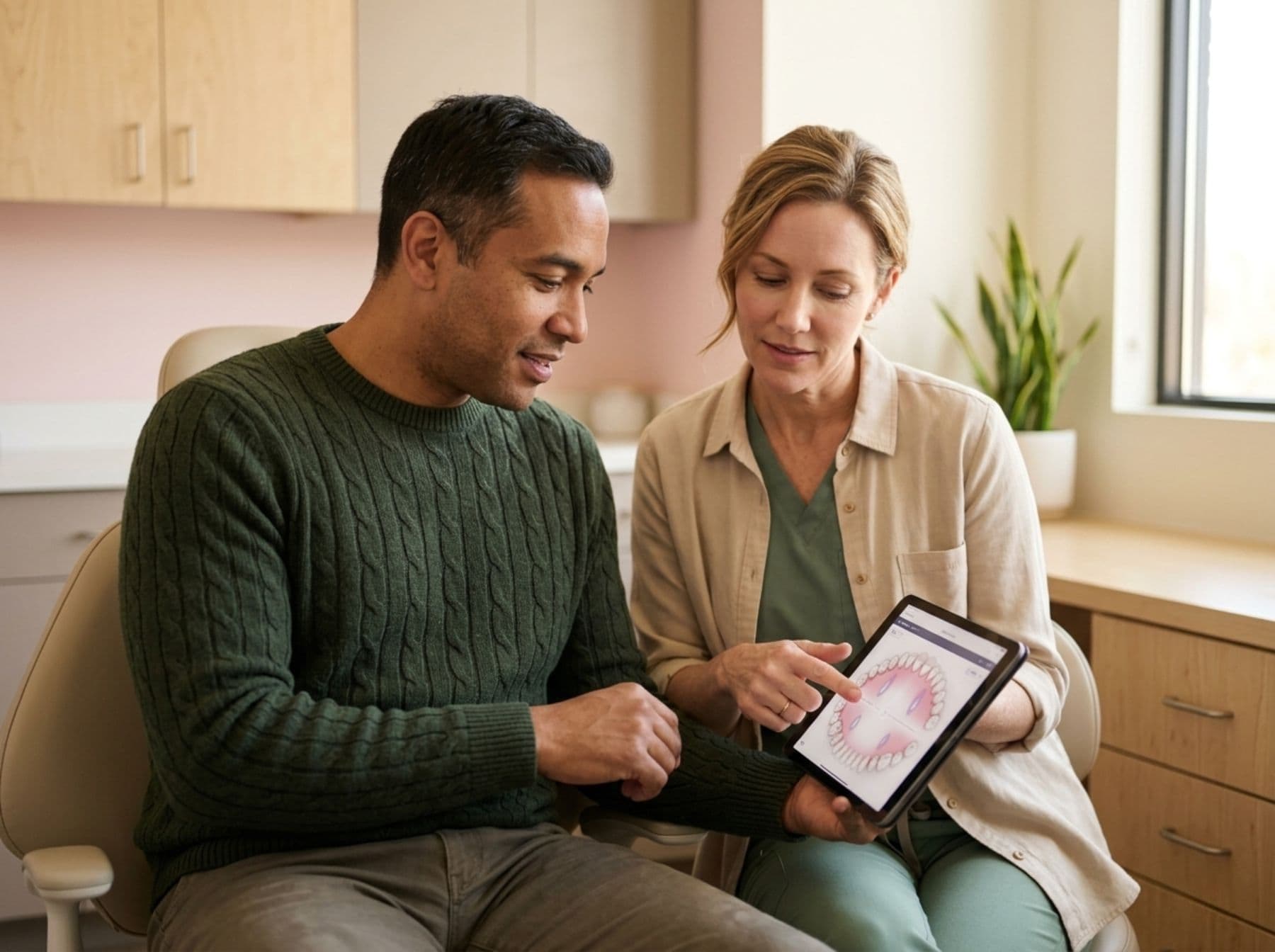 Dr. Whitman walking an adult patient through a smile-design plan on a tablet