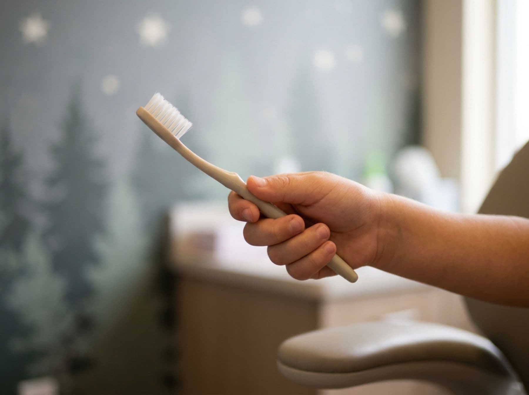 A child's hand holding a soft-bristle toothbrush in the pediatric operatory
