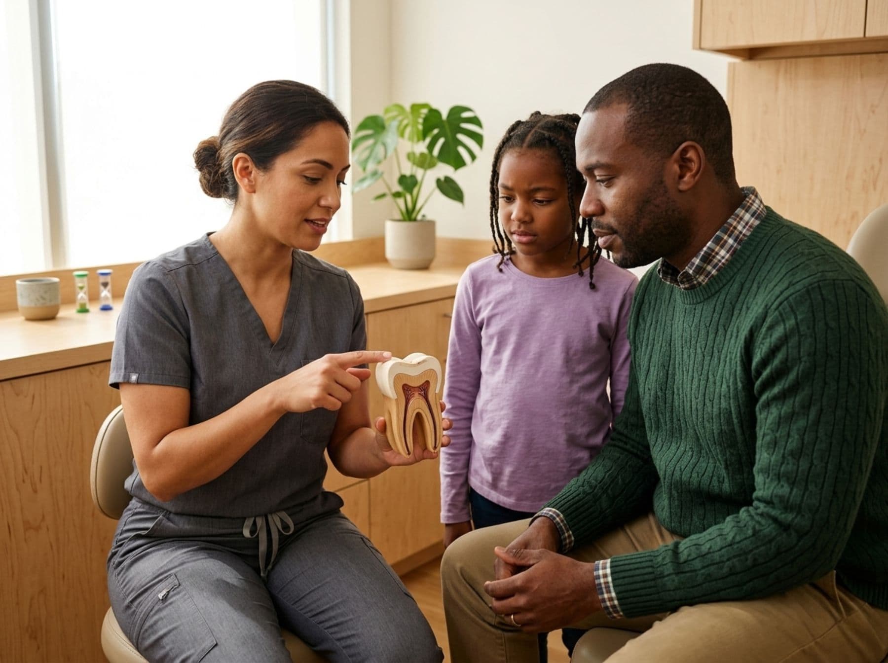 A hygienist explaining a wooden tooth model to a parent and child in the operatory