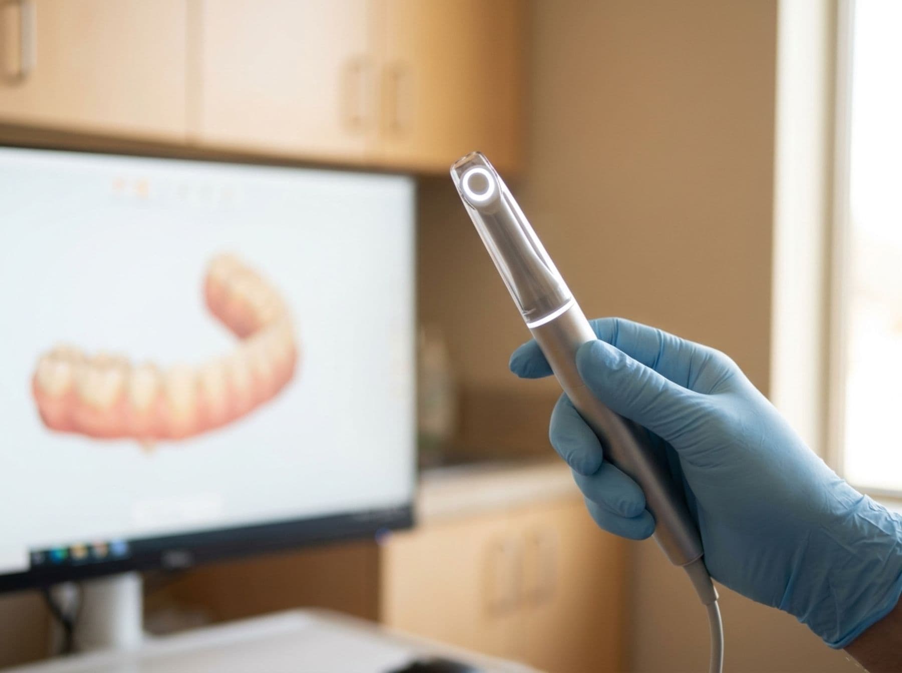 A clinician holding an intraoral 3D scanner wand with the partial scan visible on a monitor behind